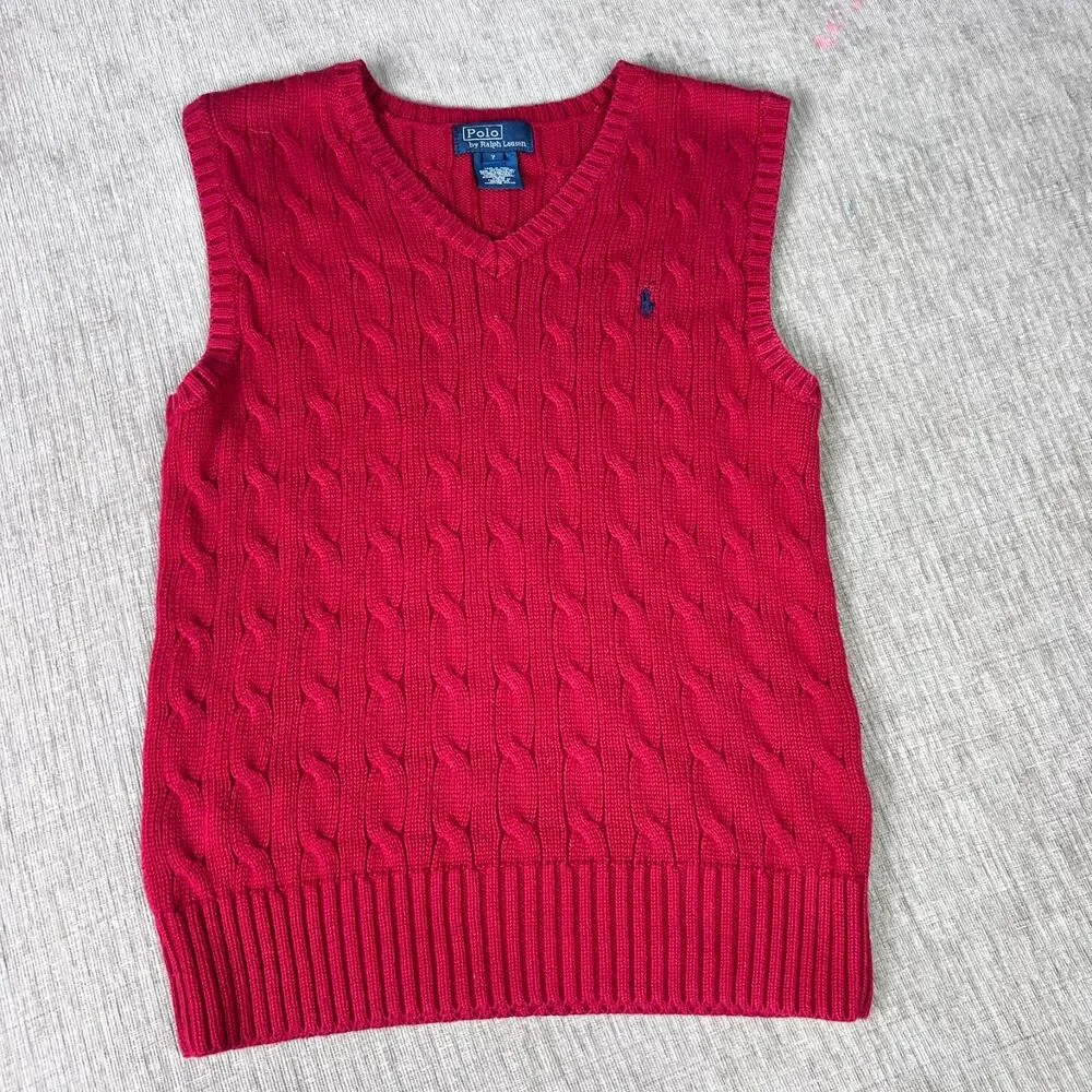 Polo Ralph Lauren Boys Red Cable Knit 100% Cotton Sweater Vest Size 7